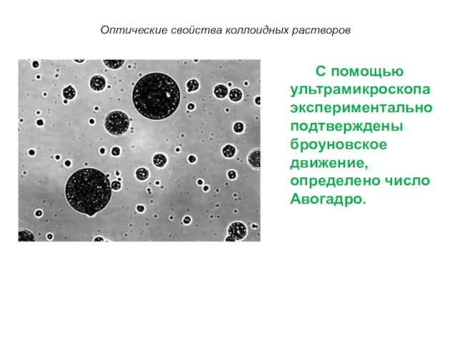 Оптические свойства коллоидных растворов С помощью ультрамикроскопа экспериментально подтверждены броуновское движение, определено число Авогадро.