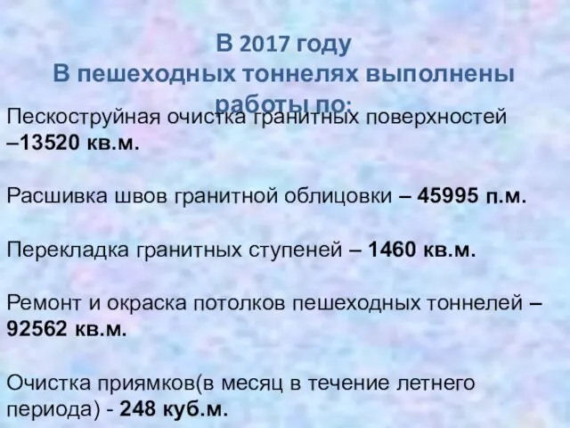 В 2017 году В пешеходных тоннелях выполнены работы по: Пескоструйная очистка