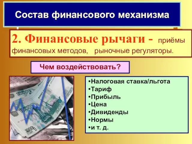 Состав ФМ: Чем воздействовать? Налоговая ставка/льгота Тариф Прибыль Цена Дивиденды Нормы