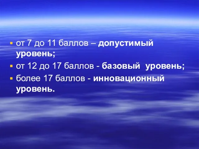 от 7 до 11 баллов – допустимый уровень; от 12 до