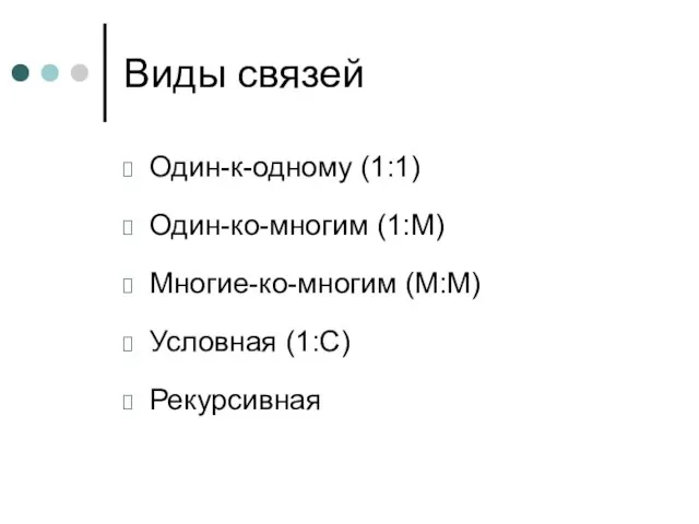 Виды связей Один-к-одному (1:1) Один-ко-многим (1:М) Многие-ко-многим (М:М) Условная (1:С) Рекурсивная