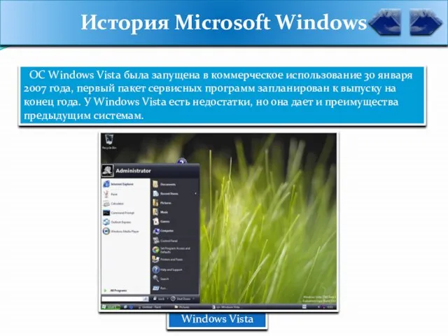 Windows Vista История Microsoft Windows ОС Windows Vista была запущена в