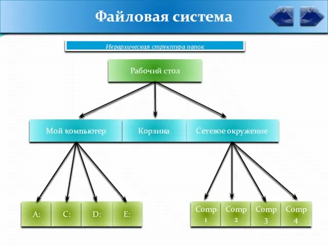 Файловая система Иерархическая структура папок Рабочий стол Сетевое окружение Е: