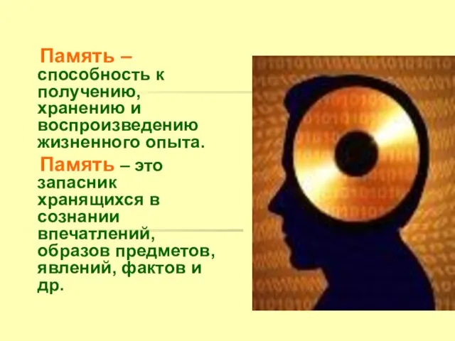 Память – способность к получению, хранению и воспроизведению жизненного опыта. Память