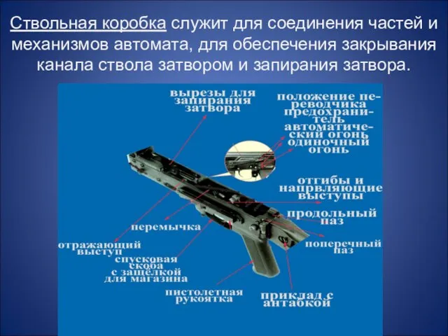 Ствольная коробка служит для соединения частей и механизмов автомата, для обеспечения