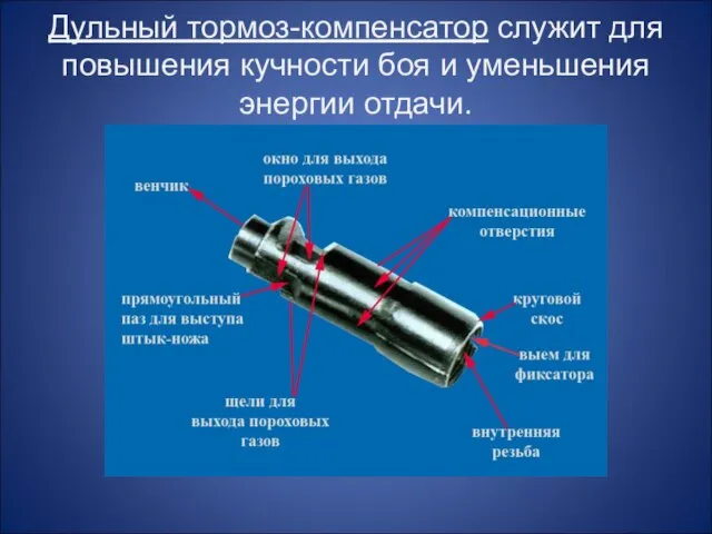 Дульный тормоз-компенсатор служит для повышения кучности боя и уменьшения энергии отдачи.