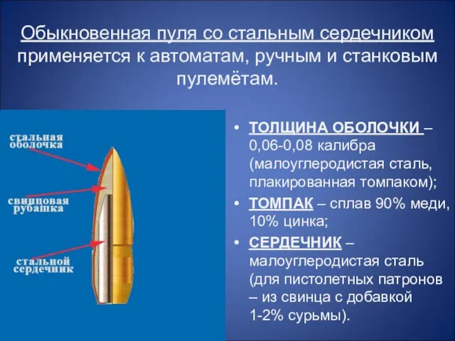 Обыкновенная пуля со стальным сердечником применяется к автоматам, ручным и станковым