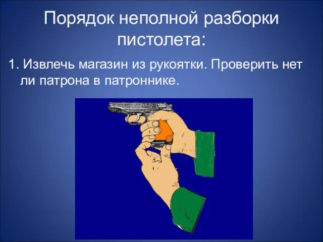 Порядок неполной разборки пистолета: 1. Извлечь магазин из рукоятки. Проверить нет ли патрона в патроннике.