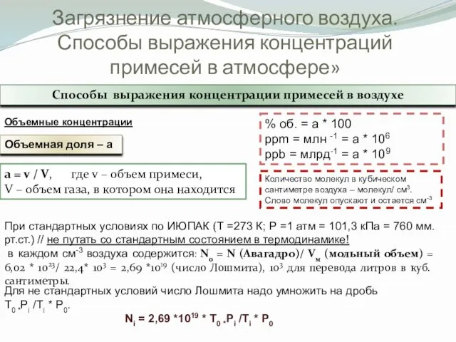 Загрязнение атмосферного воздуха. Способы выражения концентраций примесей в атмосфере» Способы выражения