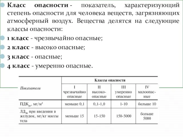 Класс опасности - показатель, характеризующий степень опасности для человека веществ, загрязняющих