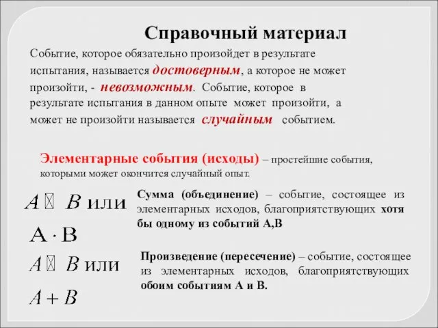 Справочный материал Событие, которое обязательно произойдет в результате испытания, называется достоверным,