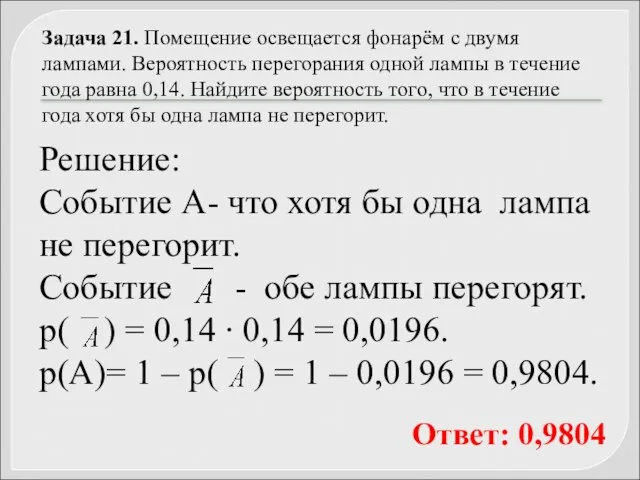 Задача 21. Помещение освещается фонарём с двумя лампами. Вероятность перегорания одной