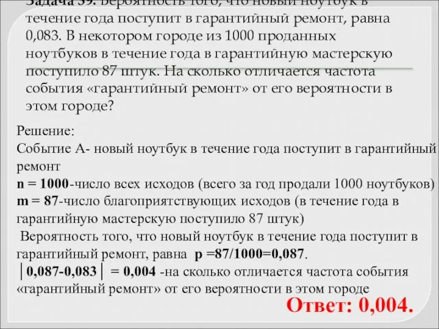 Задача 39. Вероятность того, что новый ноутбук в течение года поступит