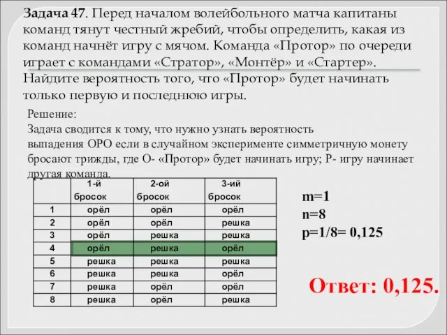 Задача 47. Перед началом волейбольного матча капитаны команд тянут честный жребий,