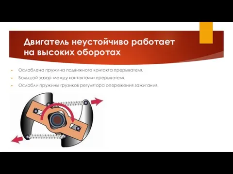 Двигатель неустойчиво работает на высоких оборотах Ослаблена пружина подвижного контакта прерывателя.