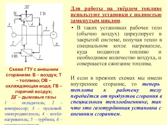 Схема ГТУ с внешним сгоранием: В – воздух; Т – топливо;