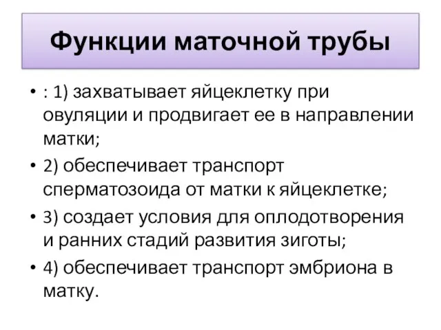 Функции маточной трубы : 1) захватывает яйцеклетку при овуляции и продвигает