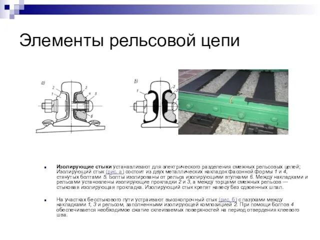 Элементы рельсовой цепи Изолирующие стыки устанавливают для электрического разделения смежных рельсовых