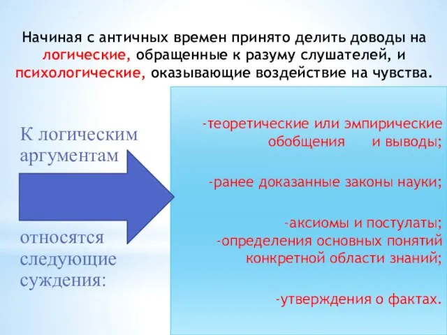 Начиная с античных времен принято делить доводы на логические, обращенные к