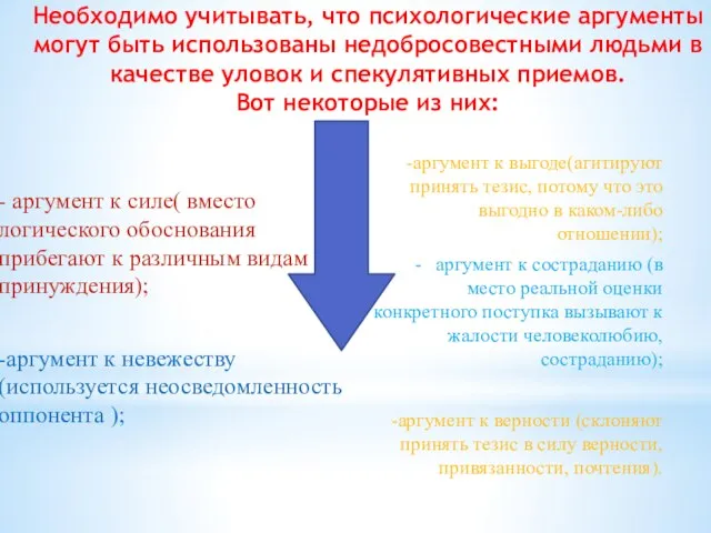 Необходимо учитывать, что психологические аргументы могут быть использованы недобросовестными людьми в