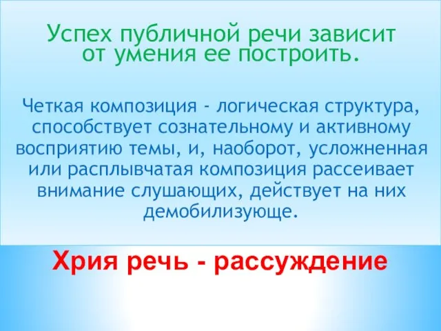 Хрия речь - рассуждение Успех публичной речи зависит от уме­ния ее