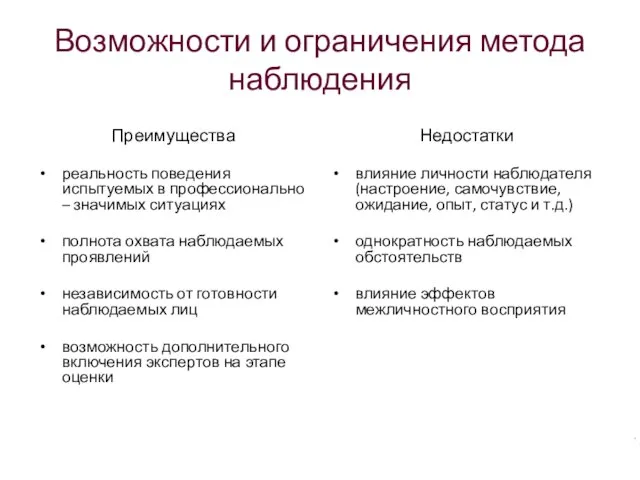 Возможности и ограничения метода наблюдения Преимущества реальность поведения испытуемых в профессионально