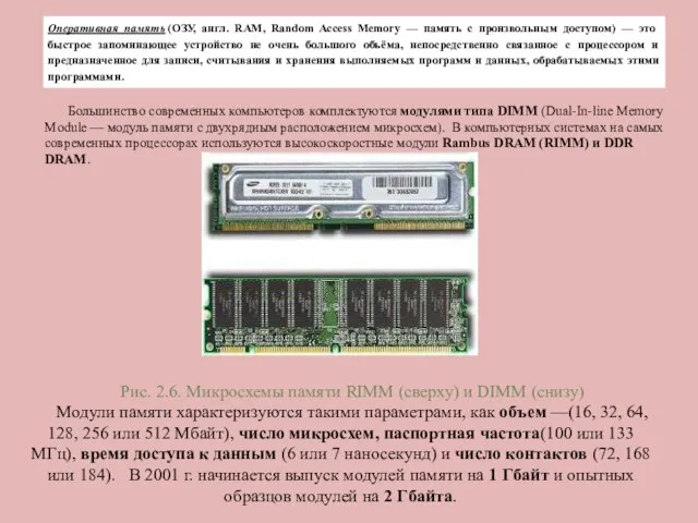 Большинство современных компьютеров комплектуются модулями типа DIMM (Dual-In-line Memory Module —