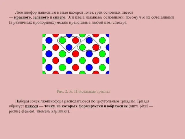 Люминофор наносится в виде наборов точек трёх основных цветов — красного,