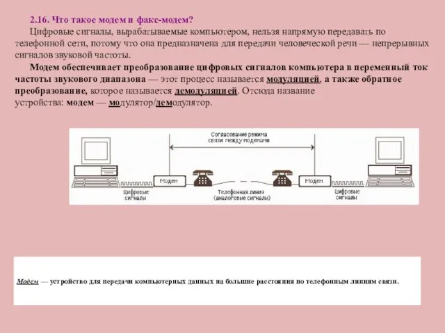 2.16. Что такое модем и факс-модем? Цифровые сигналы, вырабатываемые компьютером, нельзя