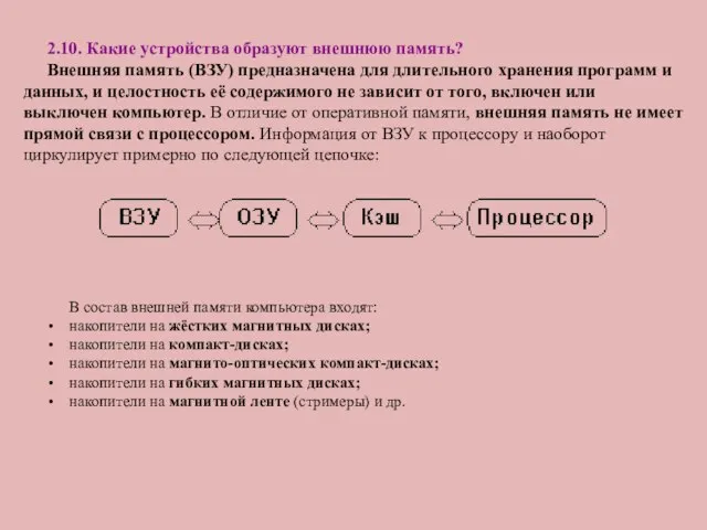 2.10. Какие устройства образуют внешнюю память? Внешняя память (ВЗУ) предназначена для