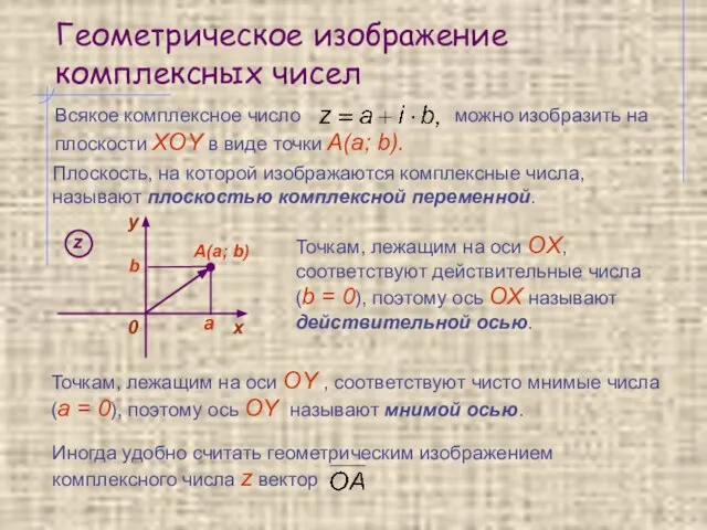 Геометрическое изображение комплексных чисел Плоскость, на которой изображаются комплексные числа, называют