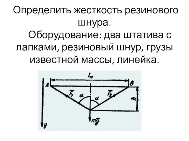 Определить жесткость резинового шнура. Оборудование: два штатива с лапками, резиновый шнур, грузы известной массы, линейка.