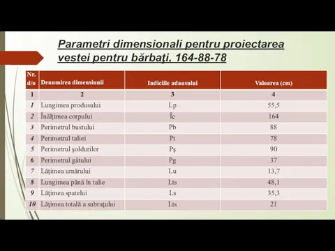 Parametri dimensionali pentru proiectarea vestei pentru bărbaţi, 164-88-78