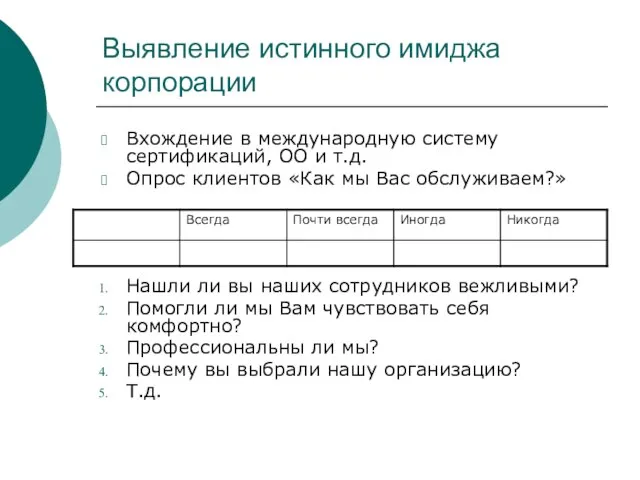 Выявление истинного имиджа корпорации Вхождение в международную систему сертификаций, ОО и