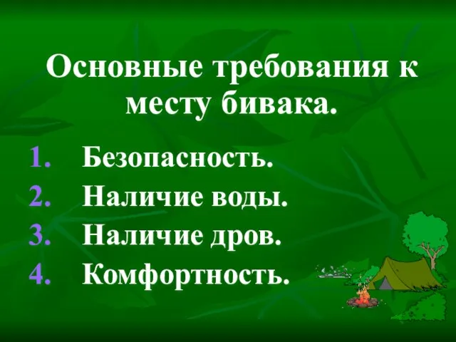 Основные требования к месту бивака. Безопасность. Наличие воды. Наличие дров. Комфортность.