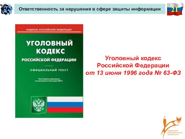 21 Ответственность за нарушения в сфере защиты информации Уголовный кодекс Российской