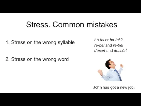 Stress. Common mistakes 1. Stress on the wrong syllable 2. Stress