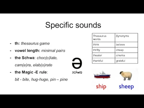 Specific sounds th: thesaurus game vowel length: minimal pairs the Schwa: