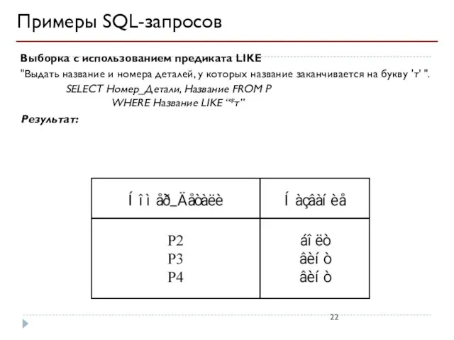 Примеры SQL-запросов Выборка с использованием предиката LIKE "Выдать название и номера