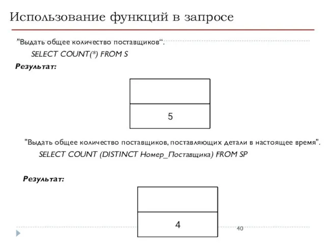 Использование функций в запросе "Выдать общее количество поставщиков“. SELECT COUNT(*) FROM