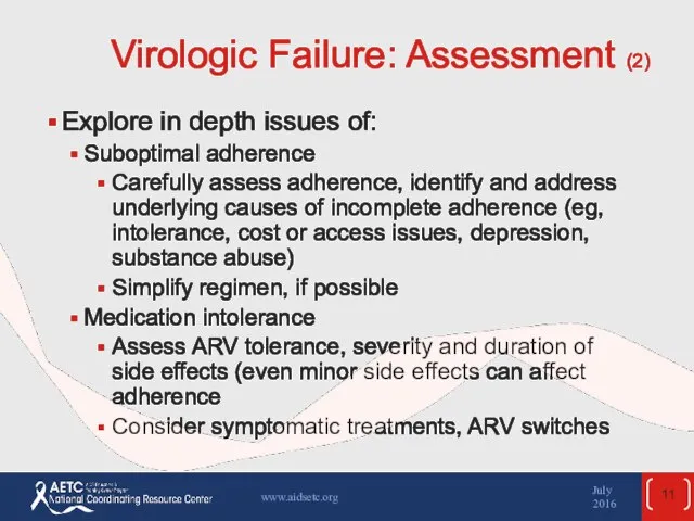 Virologic Failure: Assessment (2) Explore in depth issues of: Suboptimal adherence