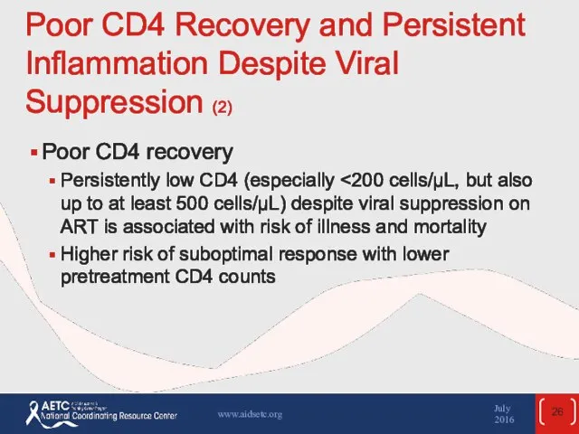 Poor CD4 Recovery and Persistent Inflammation Despite Viral Suppression (2) Poor