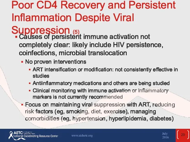 Poor CD4 Recovery and Persistent Inflammation Despite Viral Suppression (5) Causes