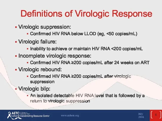Definitions of Virologic Response Virologic suppression: Confirmed HIV RNA below LLOD