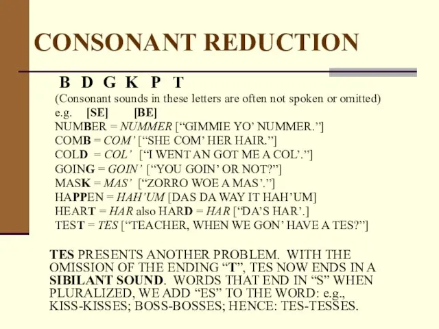 CONSONANT REDUCTION (Consonant sounds in these letters are often not spoken
