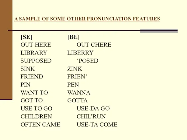 A SAMPLE OF SOME OTHER PRONUNCIATION FEATURES [SE] [BE] OUT HERE