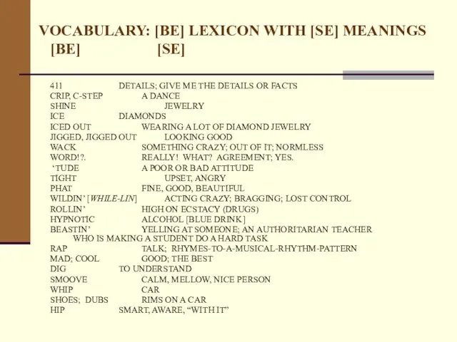 VOCABULARY: [BE] LEXICON WITH [SE] MEANINGS [BE] [SE] 411 DETAILS; GIVE