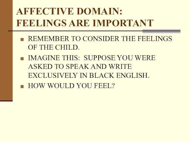 AFFECTIVE DOMAIN: FEELINGS ARE IMPORTANT REMEMBER TO CONSIDER THE FEELINGS OF