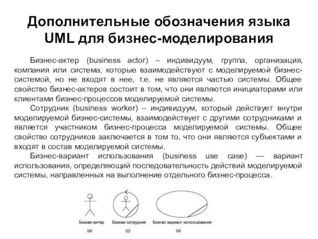 Дополнительные обозначения языка UML для бизнес-моделирования Бизнес-актер (business actor) – индивидуум,