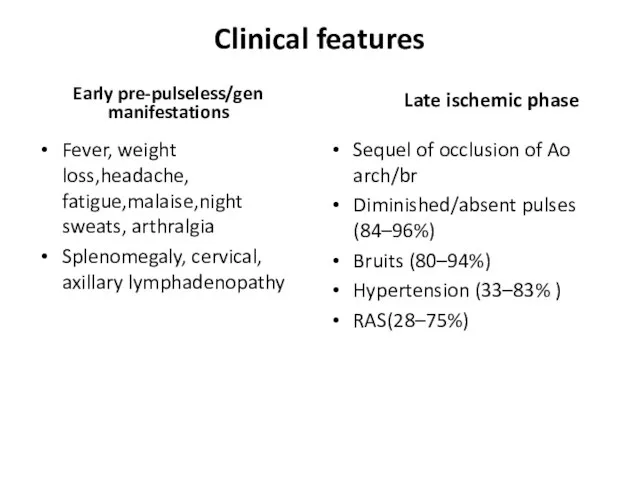 Clinical features Early pre-pulseless/gen manifestations Fever, weight loss,headache, fatigue,malaise,night sweats, arthralgia